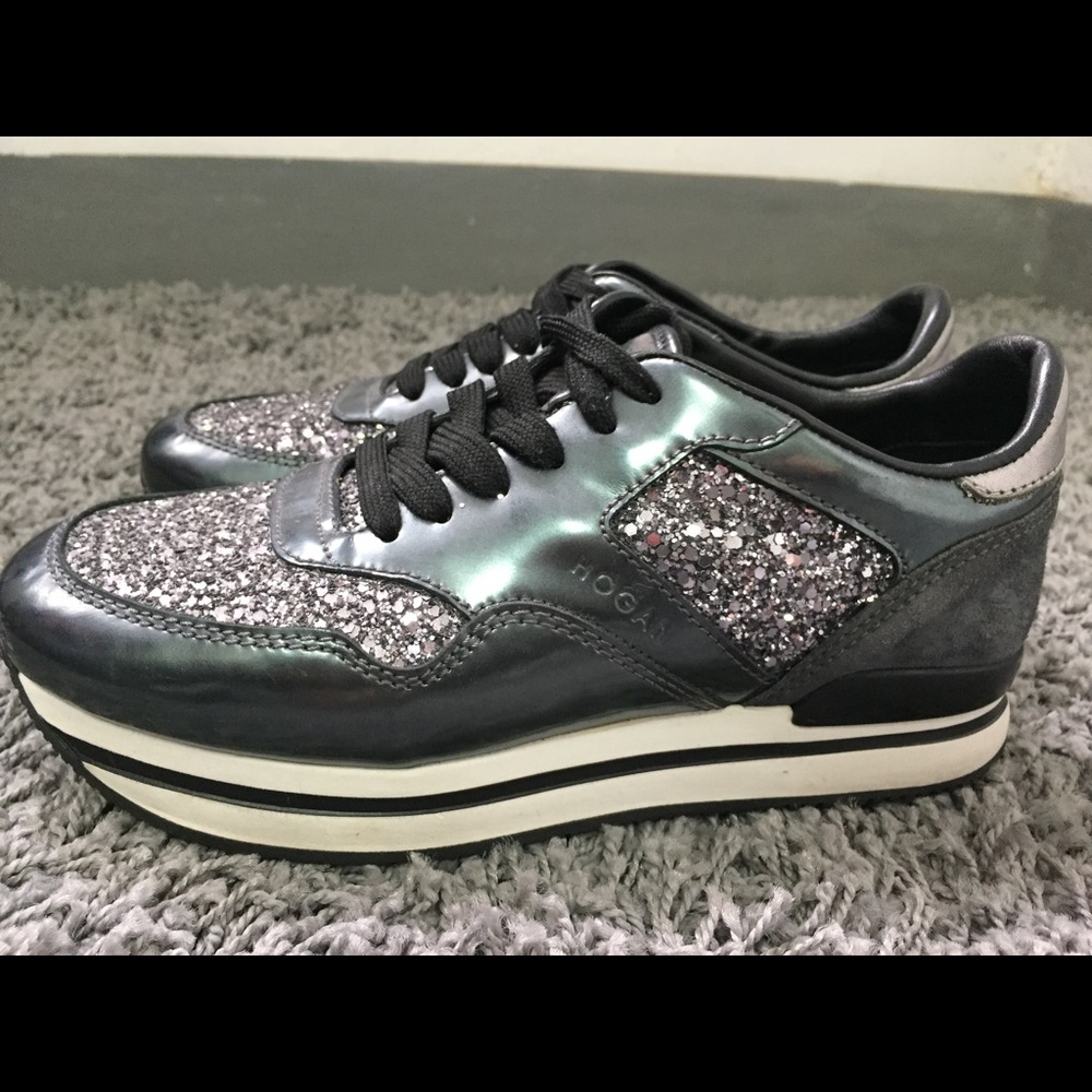Hogan Club H222 Dark Gray Silver Glitter Sneakers - Picture 1 of 8